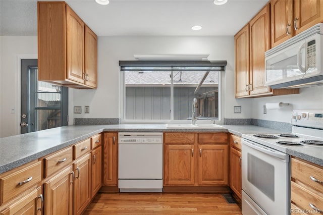 kitchen with a sink, light wood-style floors, white appliances, and a healthy amount of sunlight