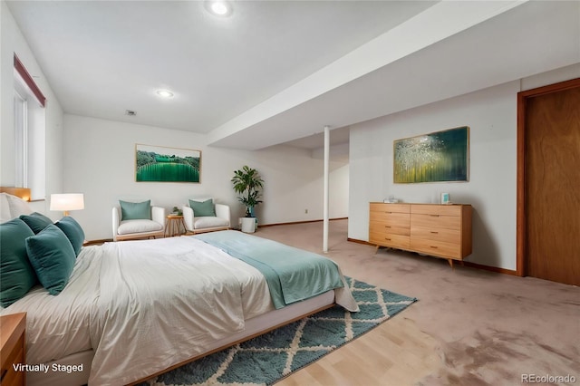 carpeted bedroom with recessed lighting and baseboards