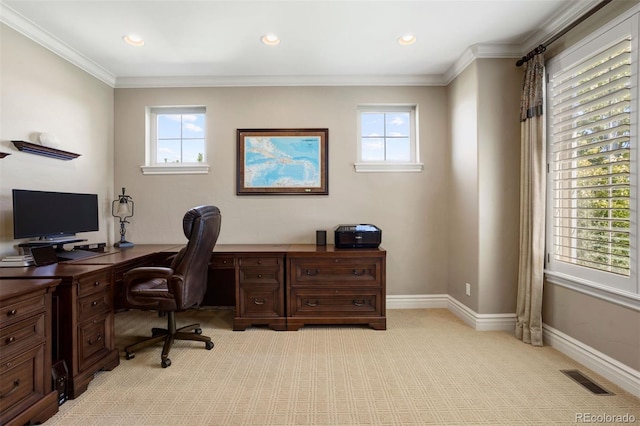 office with ornamental molding and light carpet