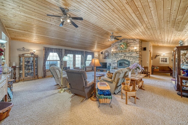 8126 Buck Run, Salida, CO 81201 - living area with ceiling fan, wood ceiling, vaulted ceiling, carpet, and a stone fireplace