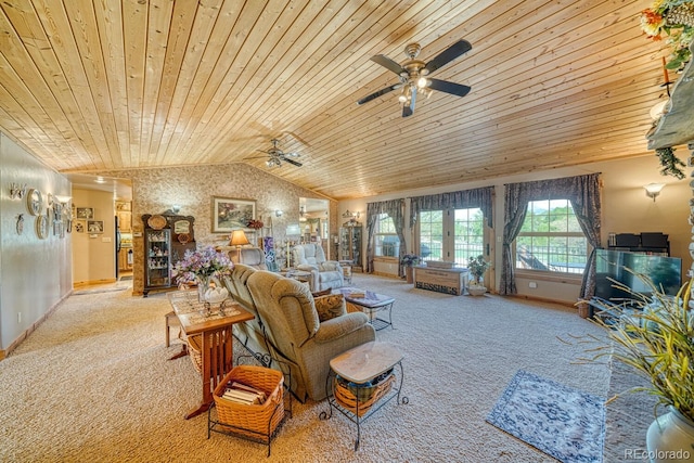 8126 Buck Run, Salida, CO 81201 - living area with wooden ceiling, vaulted ceiling, ceiling fan, carpet floors, and baseboards