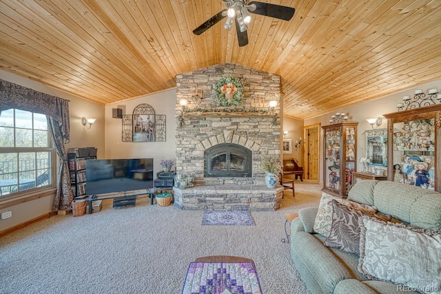 8126 Buck Run, Salida, CO 81201 - living area featuring wooden ceiling, vaulted ceiling, baseboards, a stone fireplace, and carpet flooring