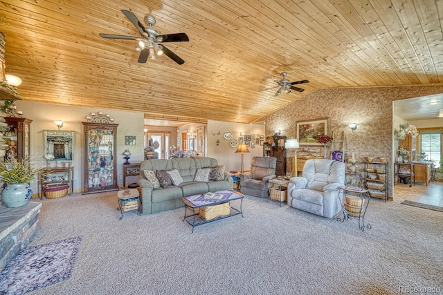 8126 Buck Run, Salida, CO 81201 - carpeted living area with ceiling fan, wood ceiling, and lofted ceiling