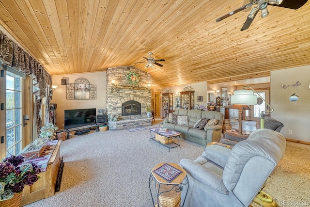 8126 Buck Run, Salida, CO 81201 - carpeted living area with ceiling fan, wooden ceiling, vaulted ceiling, and a stone fireplace