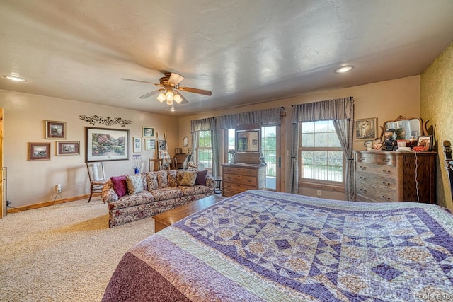 8126 Buck Run, Salida, CO 81201 - carpeted bedroom featuring access to outside, baseboards, ceiling fan, and recessed lighting