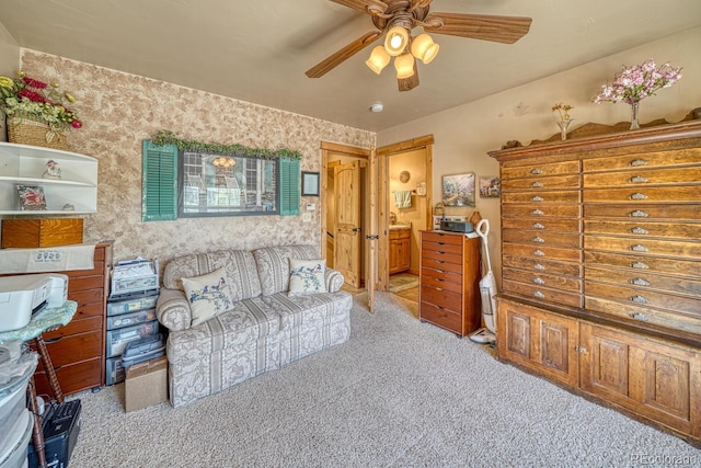 8126 Buck Run, Salida, CO 81201 - living room with carpet, a ceiling fan, and wallpapered walls