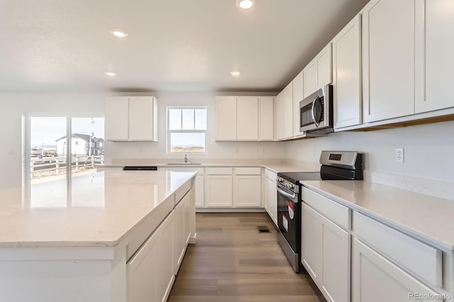 3909 N Shawnee St, Aurora, CO 80019 - kitchen featuring recessed lighting, appliances with stainless steel finishes, white cabinets, and light wood-style flooring