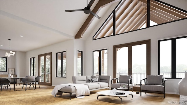 living room featuring french doors, high vaulted ceiling, light wood-type flooring, beamed ceiling, and ceiling fan with notable chandelier