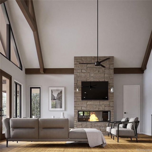 living room with beamed ceiling, a stone fireplace, high vaulted ceiling, and light hardwood / wood-style floors