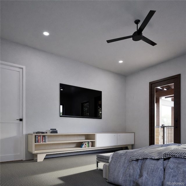 carpeted bedroom featuring ceiling fan