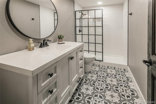 1715 Wales Dr, Berthoud, CO 80513 - full bathroom with a shower stall, vanity, tile patterned floors, and recessed lighting