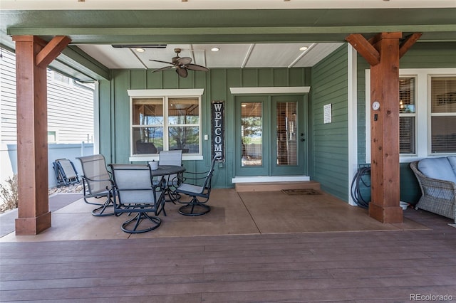 1715 Wales Dr, Berthoud, CO 80513 - wooden terrace with a ceiling fan and outdoor dining space