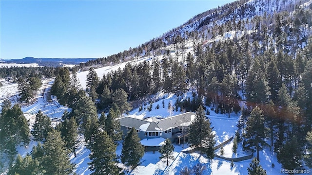 snowy aerial view with a mountain view