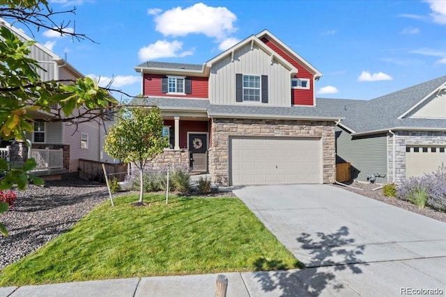 10909 Memphis Ct, Commerce City, CO 80022 - craftsman-style home featuring a garage, board and batten siding, driveway, stone siding, and a front yard