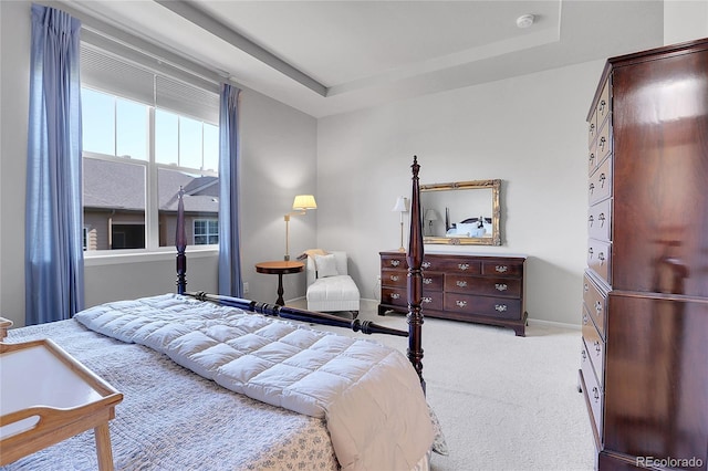 bedroom with light colored carpet and a tray ceiling