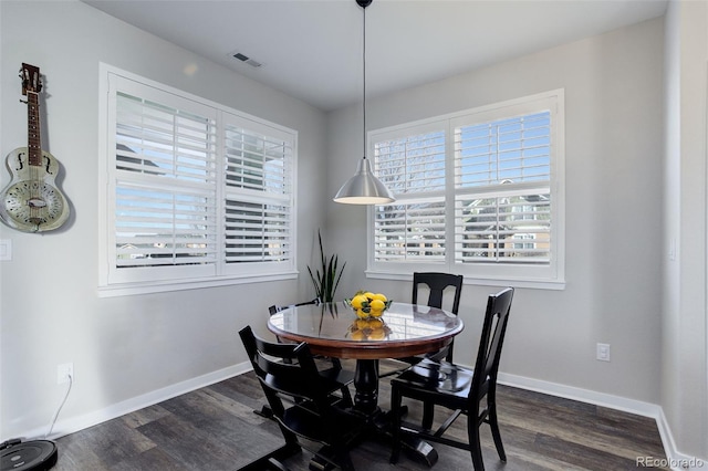 dining room with a healthy amount of sunlight, dark wood finished floors, visible vents, and baseboards