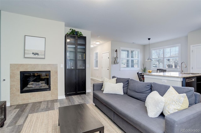 living area with baseboards, wood finished floors, and a tile fireplace