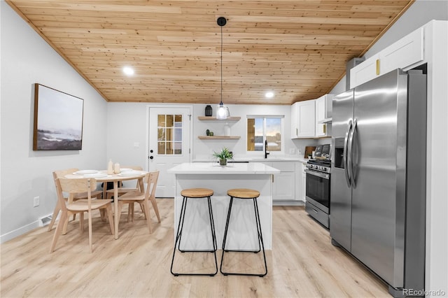 kitchen with pendant lighting, wooden ceiling, and stainless steel appliances