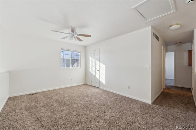 unfurnished room with ceiling fan and carpet floors