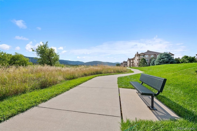 view of community featuring a mountain view and a yard