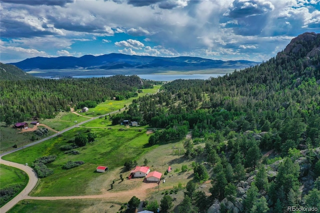 drone / aerial view featuring a mountain view