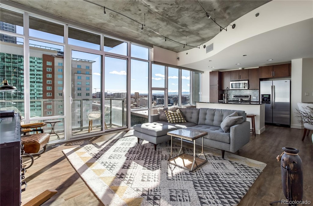 living room with expansive windows, a healthy amount of sunlight, and dark hardwood / wood-style floors