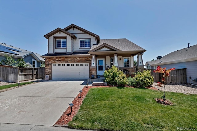 16352 E 104th Way, Commerce City, CO 80022 - craftsman-style home featuring concrete driveway, a garage, stone siding, and covered porch