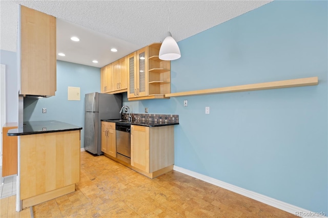 850 W Moorhead Cir Unit 3L, Boulder, CO 80305 - kitchen featuring stainless steel appliances, light brown cabinetry, recessed lighting, glass insert cabinets, and a textured ceiling