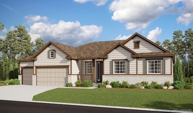 single story home featuring a garage, driveway, brick siding, and a front lawn