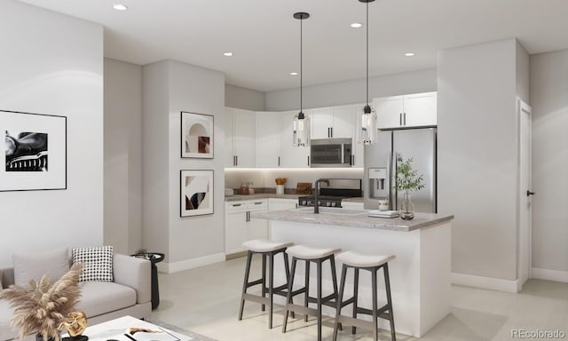 kitchen featuring appliances with stainless steel finishes, tasteful backsplash, white cabinets, and decorative light fixtures