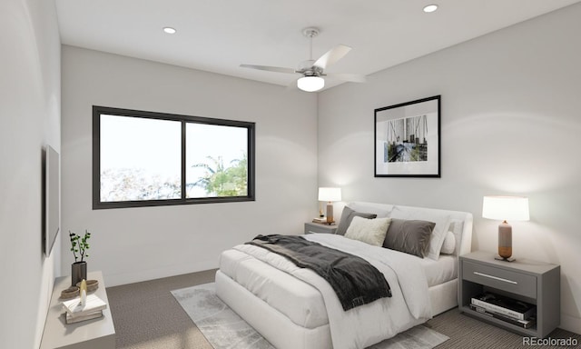 carpeted bedroom featuring ceiling fan