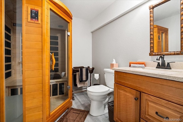 bathroom featuring vanity, toilet, and hardwood / wood-style floors