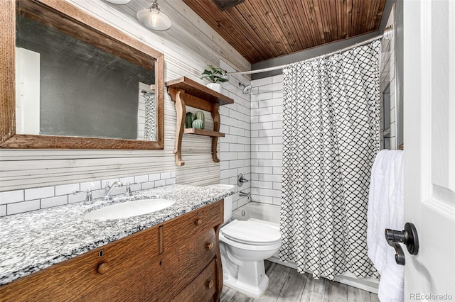 8410 S Oak St, Littleton, CO 80127 - bathroom with vanity, shower / tub combo, wooden ceiling, wood finished floors, and backsplash