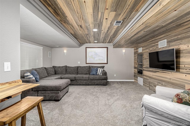 8410 S Oak St, Littleton, CO 80127 - carpeted living area featuring built in features, wood walls, and wood ceiling