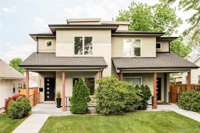 2435 S High St, Denver, CO 80210 - prairie-style house with stucco siding, a shingled roof, and covered porch