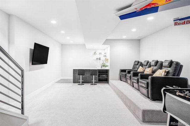 2435 S High St, Denver, CO 80210 - carpeted home theater room with a dry bar, recessed lighting, and baseboards