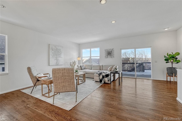 living room featuring dark wood-type flooring