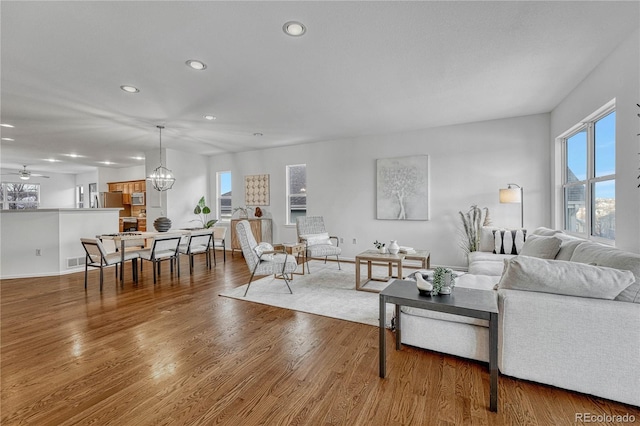 living room featuring ceiling fan with notable chandelier and hardwood / wood-style flooring