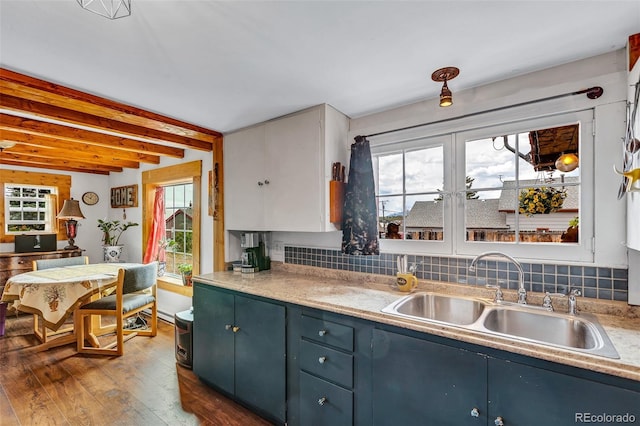 500 Fourth St, Fairplay, CO 80440 - kitchen with dark wood-type flooring, backsplash, beam ceiling, light countertops, and blue cabinets