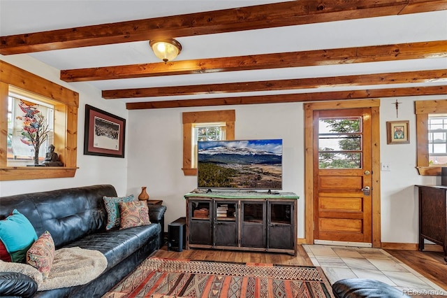 500 Fourth St, Fairplay, CO 80440 - living area featuring wood finished floors and beam ceiling