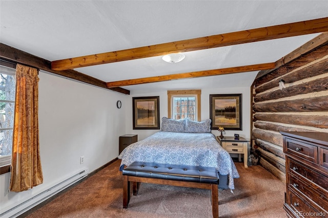 500 Fourth St, Fairplay, CO 80440 - bedroom with baseboard heating, multiple windows, dark colored carpet, beamed ceiling, and rustic walls