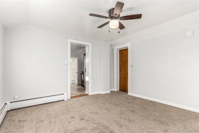 unfurnished room featuring light carpet, ceiling fan, and a baseboard heating unit