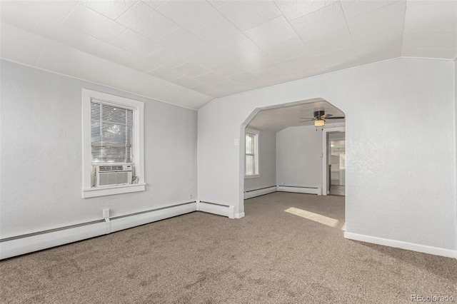 bonus room with carpet floors, vaulted ceiling, baseboard heating, and cooling unit