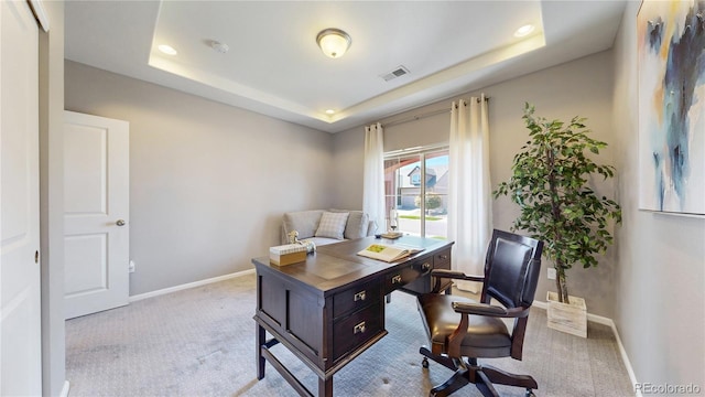 18009 E 47th Pl, Denver, CO 80249 - office with light carpet, baseboards, a tray ceiling, and recessed lighting