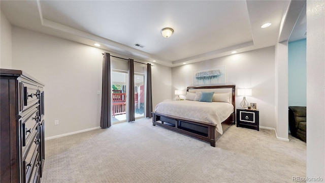 18009 E 47th Pl, Denver, CO 80249 - bedroom featuring a tray ceiling, access to outside, light carpet, recessed lighting, and baseboards