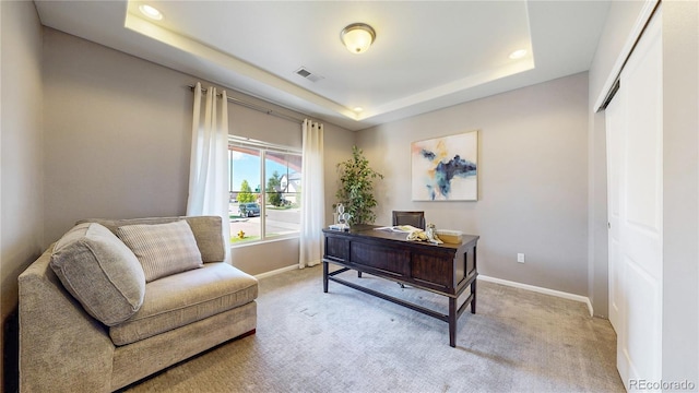 18009 E 47th Pl, Denver, CO 80249 - office with baseboards, a raised ceiling, light colored carpet, and recessed lighting