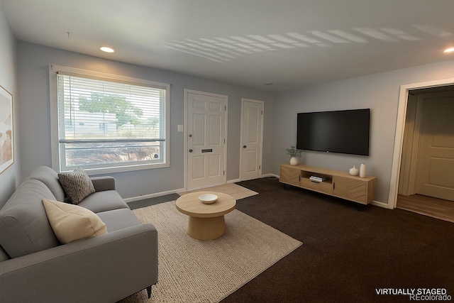 3345 W Evans Ave, Denver, CO 80219 - living area featuring dark carpet, baseboards, and recessed lighting