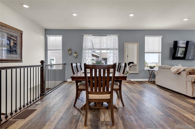 dining room with visible vents, recessed lighting, wood finished floors, and a wealth of natural light
