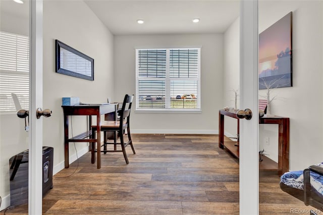 office space featuring french doors, recessed lighting, baseboards, and wood finished floors