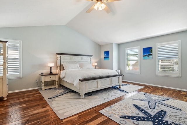 19653 E Ida Dr, Aurora, CO 80015 - bedroom featuring hardwood / wood-style floors, vaulted ceiling, and ceiling fan